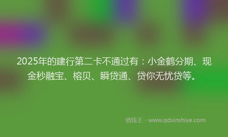 2025年的建行第二卡不通过有：小金鹤分期、现金秒融宝、榕贝、瞬贷通、贷你无忧贷等。