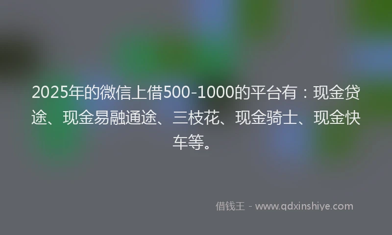 2025年的微信上借500-1000的平台有：现金贷途、现金易融通途、三枝花、现金骑士、现金快车等。