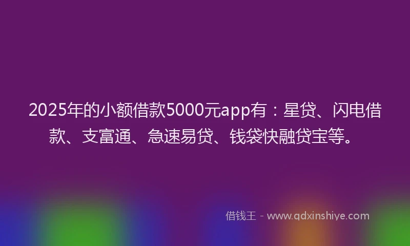 2025年的小额借款5000元app有：星贷、闪电借款、支富通、急速易贷、钱袋快融贷宝等。