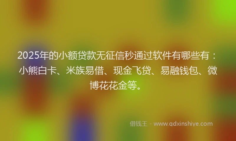2025年的小额贷款无征信秒通过软件有哪些有：小熊白卡、米族易借、现金飞贷、易融钱包、微博花花金等。