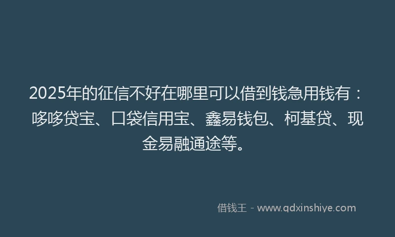 2025年的征信不好在哪里可以借到钱急用钱有：哆哆贷宝、口袋信用宝、鑫易钱包、柯基贷、现金易融通途等。
