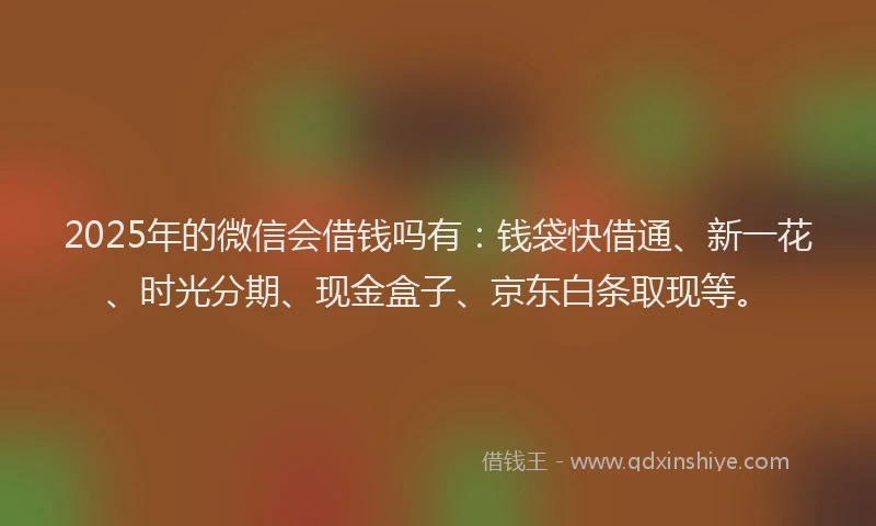 2025年的微信会借钱吗有：钱袋快借通、新一花、时光分期、现金盒子、京东白条取现等。