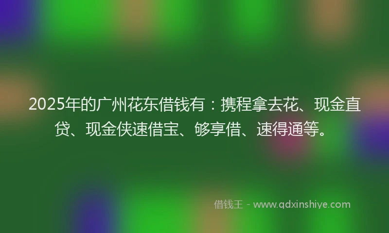 2025年的广州花东借钱有：携程拿去花、现金直贷、现金侠速借宝、够享借、速得通等。