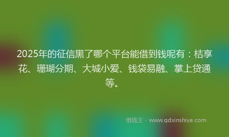 2025年的征信黑了哪个平台能借到钱呢有：桔享花、珊瑚分期、大城小爱、钱袋易融、掌上贷通等。