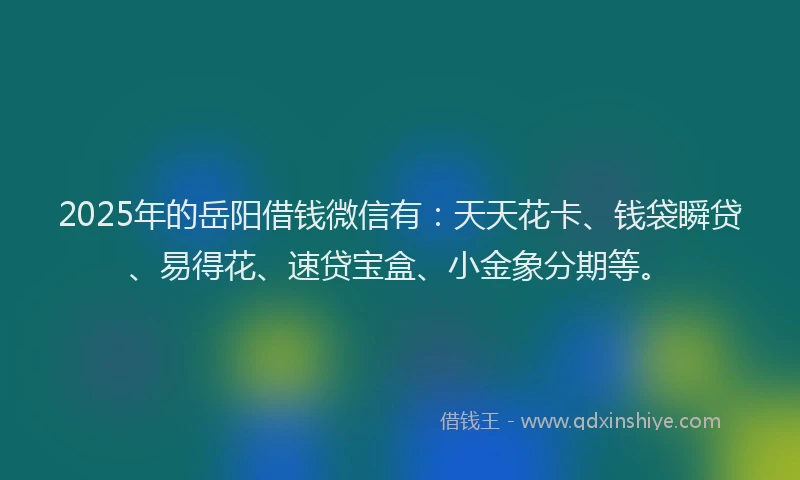 2025年的岳阳借钱微信有：天天花卡、钱袋瞬贷、易得花、速贷宝盒、小金象分期等。