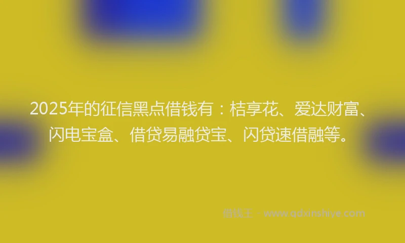 2025年的征信黑点借钱有：桔享花、爱达财富、闪电宝盒、借贷易融贷宝、闪贷速借融等。