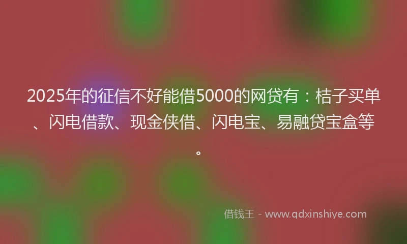 2025年的征信不好能借5000的网贷有：桔子买单、闪电借款、现金侠借、闪电宝、易融贷宝盒等。