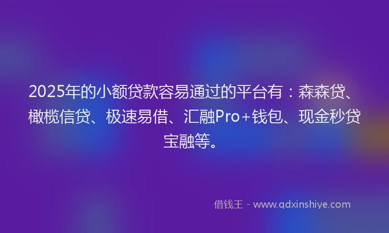 2025年的小额贷款容易通过的平台有：森森贷、橄榄信贷、极速易借、汇融Pro+钱包、现金秒贷宝融等。