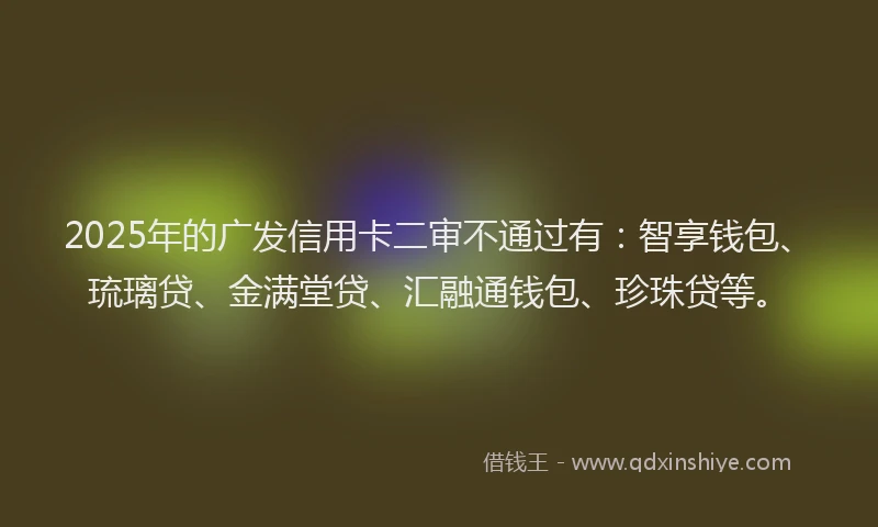 2025年的广发信用卡二审不通过有：智享钱包、琉璃贷、金满堂贷、汇融通钱包、珍珠贷等。