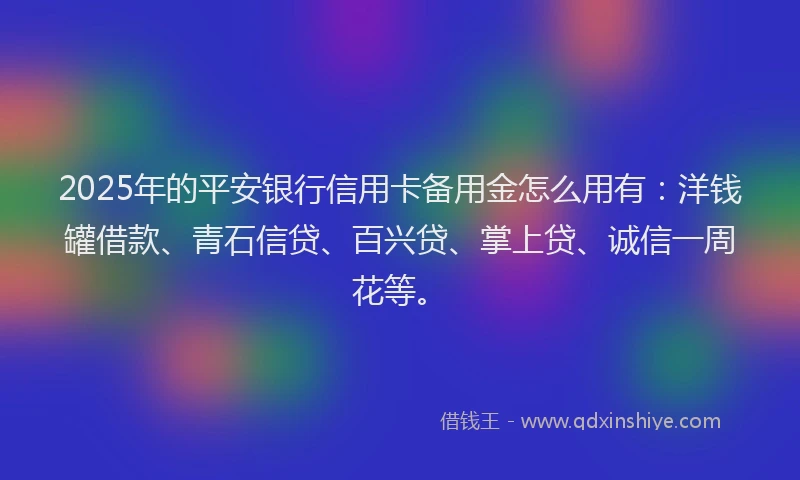 2025年的平安银行信用卡备用金怎么用有：洋钱罐借款、青石信贷、百兴贷、掌上贷、诚信一周花等。