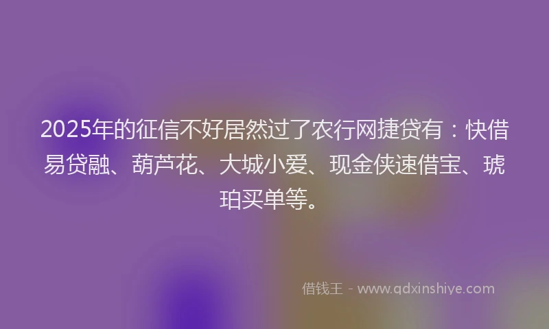 2025年的征信不好居然过了农行网捷贷有：快借易贷融、葫芦花、大城小爱、现金侠速借宝、琥珀买单等。