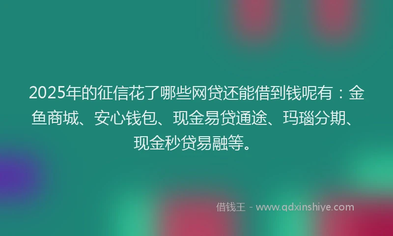 2025年的征信花了哪些网贷还能借到钱呢有：金鱼商城、安心钱包、现金易贷通途、玛瑙分期、现金秒贷易融等。