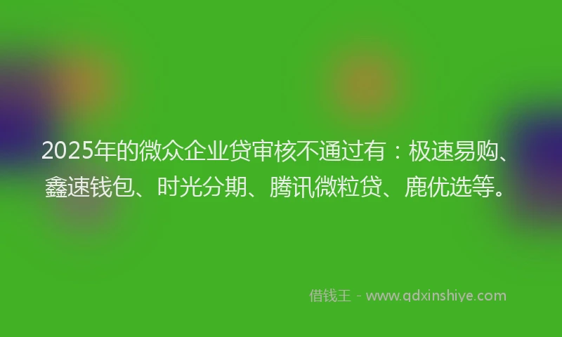 2025年的微众企业贷审核不通过有：极速易购、鑫速钱包、时光分期、腾讯微粒贷、鹿优选等。