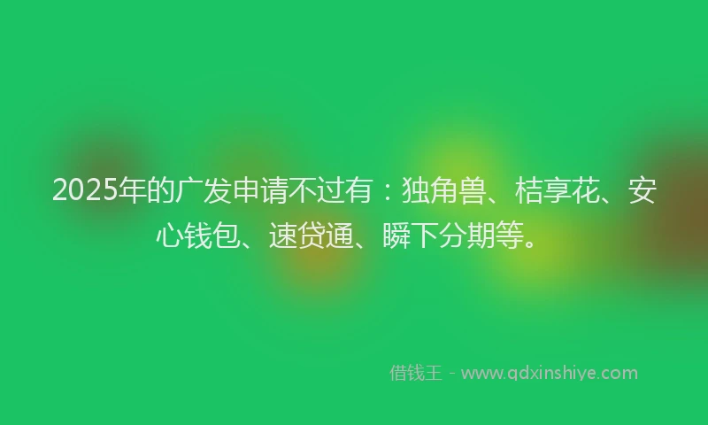 2025年的广发申请不过有：独角兽、桔享花、安心钱包、速贷通、瞬下分期等。
