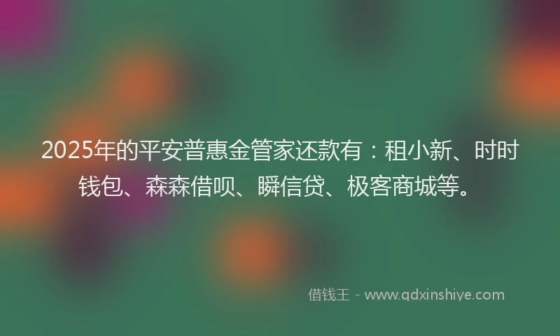 2025年的平安普惠金管家还款有：租小新、时时钱包、森森借呗、瞬信贷、极客商城等。