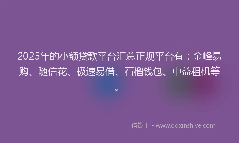2025年的小额贷款平台汇总正规平台有：金峰易购、随信花、极速易借、石榴钱包、中益租机等。