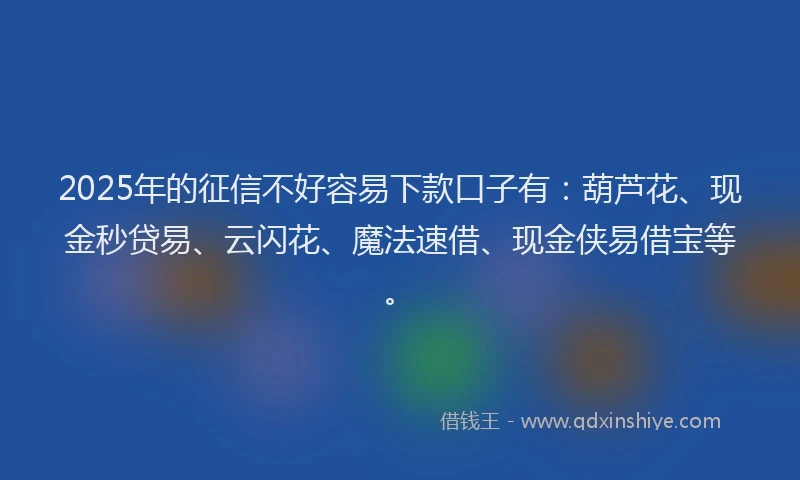 2025年的征信不好容易下款口子有：葫芦花、现金秒贷易、云闪花、魔法速借、现金侠易借宝等。
