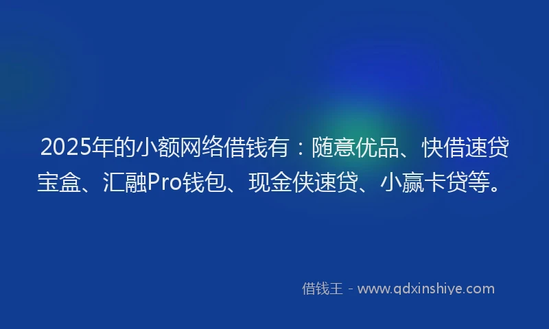 2025年的小额网络借钱有：随意优品、快借速贷宝盒、汇融Pro钱包、现金侠速贷、小赢卡贷等。