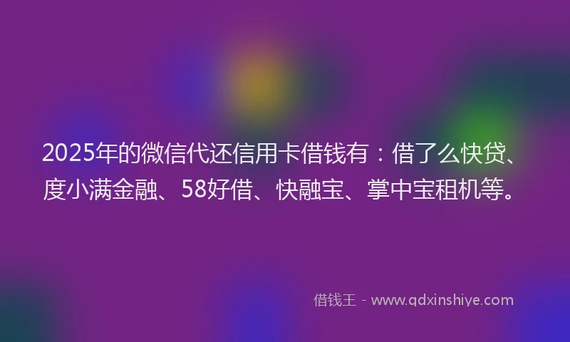 2025年的微信代还信用卡借钱有：借了么快贷、度小满金融、58好借、快融宝、掌中宝租机等。