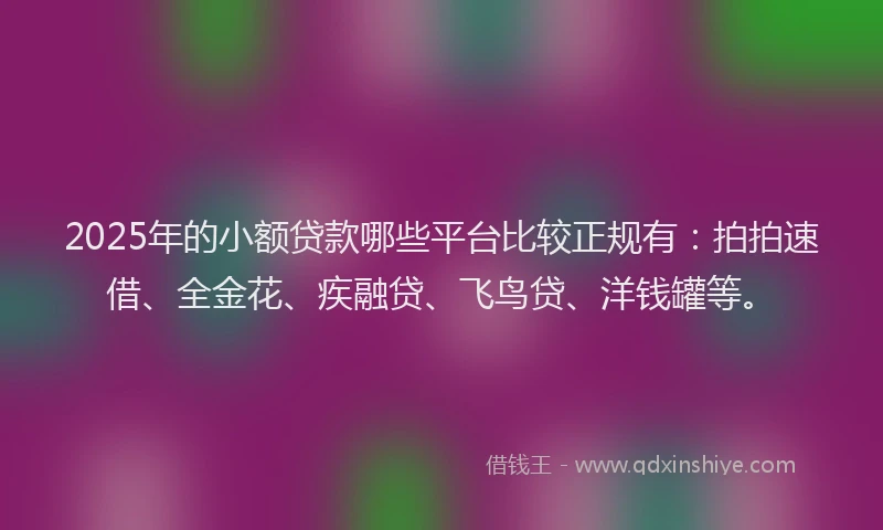 2025年的小额贷款哪些平台比较正规有：拍拍速借、全金花、疾融贷、飞鸟贷、洋钱罐等。