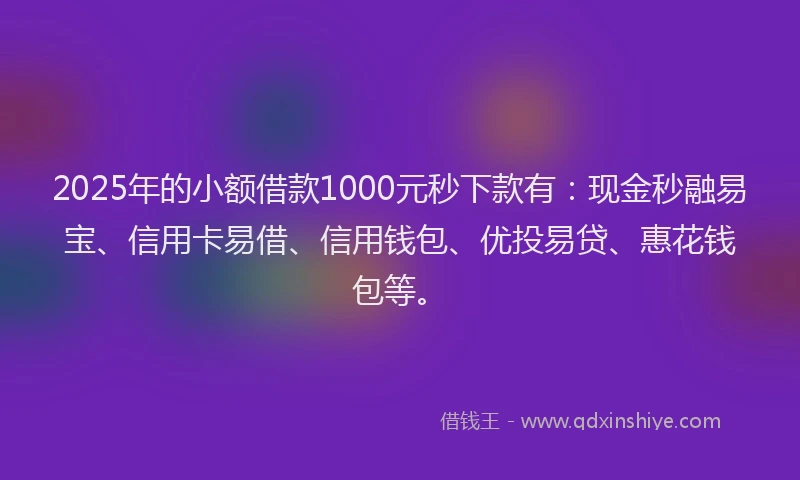 2025年的小额借款1000元秒下款有：现金秒融易宝、信用卡易借、信用钱包、优投易贷、惠花钱包等。