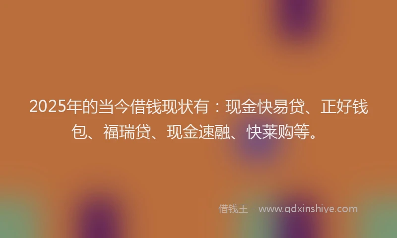 2025年的当今借钱现状有：现金快易贷、正好钱包、福瑞贷、现金速融、快莱购等。