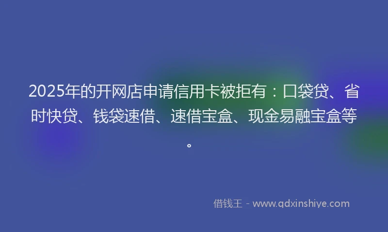 2025年的开网店申请信用卡被拒有：口袋贷、省时快贷、钱袋速借、速借宝盒、现金易融宝盒等。