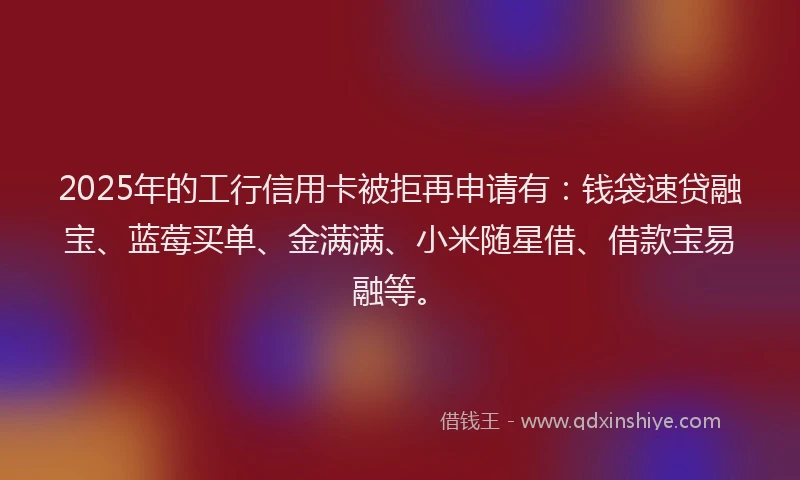 2025年的工行信用卡被拒再申请有：钱袋速贷融宝、蓝莓买单、金满满、小米随星借、借款宝易融等。