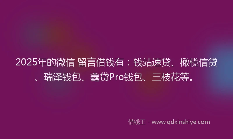 2025年的微信 留言借钱有：钱站速贷、橄榄信贷、瑞泽钱包、鑫贷Pro钱包、三枝花等。