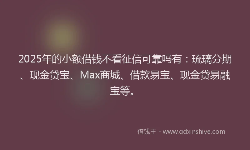 2025年的小额借钱不看征信可靠吗有：琉璃分期、现金贷宝、Max商城、借款易宝、现金贷易融宝等。