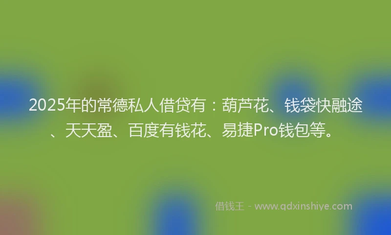 2025年的常德私人借贷有：葫芦花、钱袋快融途、天天盈、百度有钱花、易捷Pro钱包等。