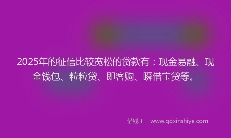 2025年的征信比较宽松的贷款有：现金易融、现金钱包、粒粒贷、即客购、瞬借宝贷等。