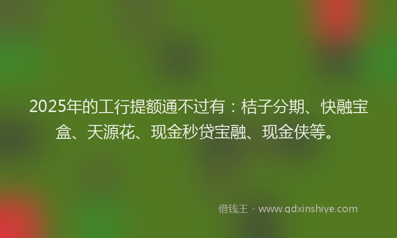 2025年的工行提额通不过有：桔子分期、快融宝盒、天源花、现金秒贷宝融、现金侠等。