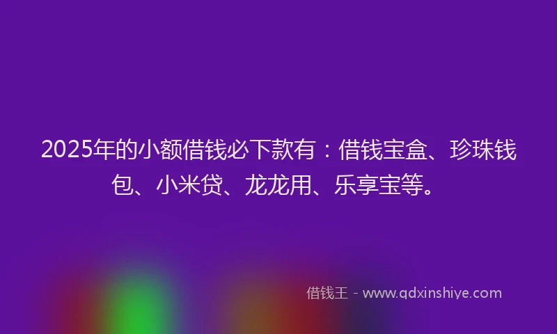 2025年的小额借钱必下款有：借钱宝盒、珍珠钱包、小米贷、龙龙用、乐享宝等。