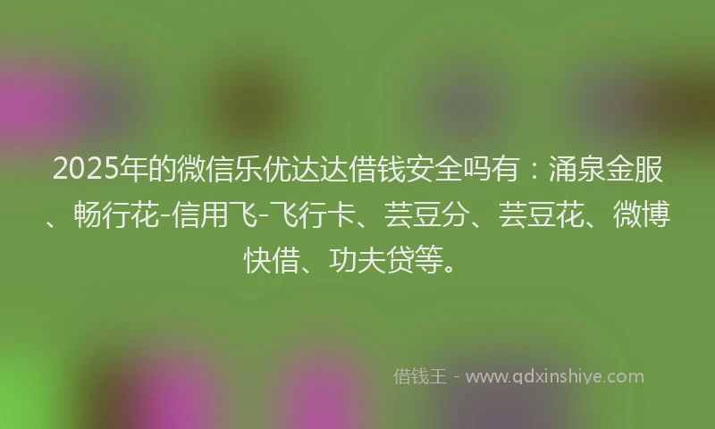 2025年的微信乐优达达借钱安全吗有：涌泉金服、畅行花-信用飞-飞行卡、芸豆分、芸豆花、微博快借、功夫贷等。