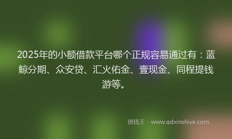 2025年的小额借款平台哪个正规容易通过有：蓝鲸分期、众安贷、汇火佑金、壹现金、同程提钱游等。