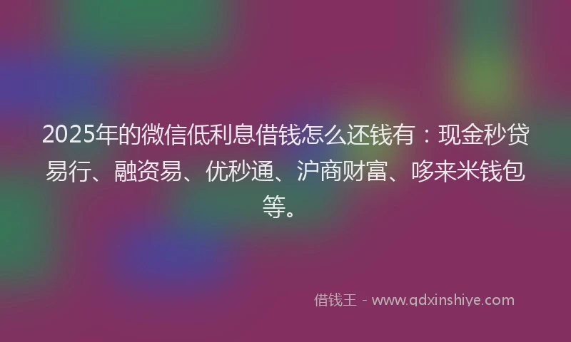 2025年的微信低利息借钱怎么还钱有：现金秒贷易行、融资易、优秒通、沪商财富、哆来米钱包等。