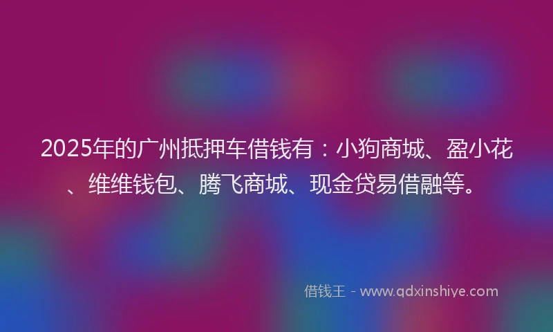2025年的广州抵押车借钱有：小狗商城、盈小花、维维钱包、腾飞商城、现金贷易借融等。