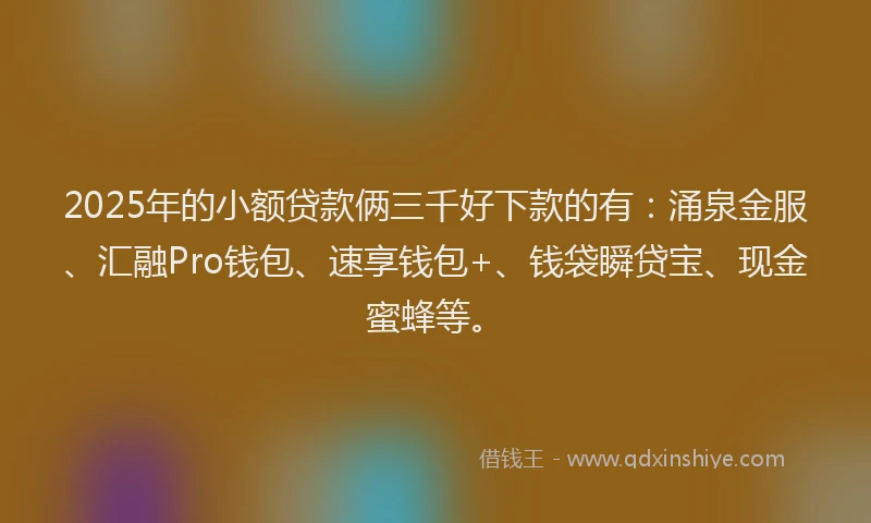 2025年的小额贷款俩三千好下款的有：涌泉金服、汇融Pro钱包、速享钱包+、钱袋瞬贷宝、现金蜜蜂等。