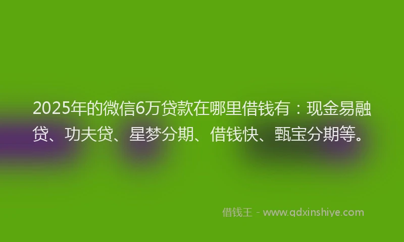2025年的微信6万贷款在哪里借钱有：现金易融贷、功夫贷、星梦分期、借钱快、甄宝分期等。