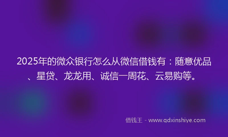 2025年的微众银行怎么从微信借钱有：随意优品、星贷、龙龙用、诚信一周花、云易购等。