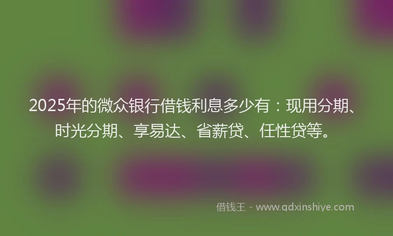 2025年的微众银行借钱利息多少有：现用分期、时光分期、享易达、省薪贷、任性贷等。