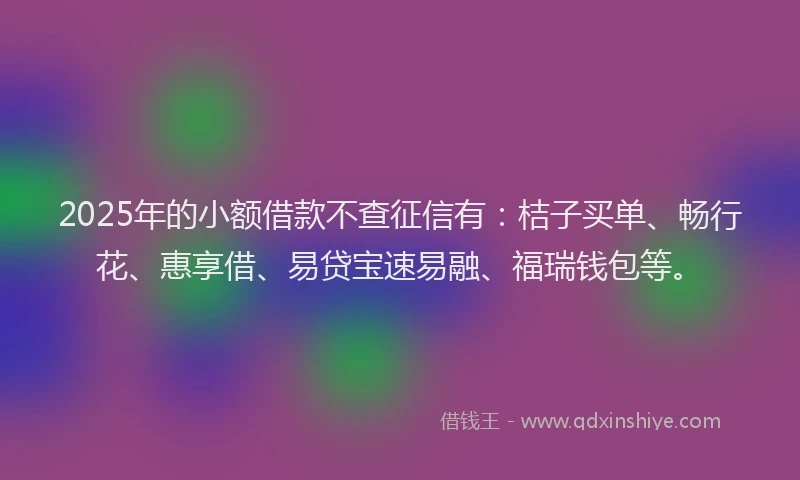 2025年的小额借款不查征信有：桔子买单、畅行花、惠享借、易贷宝速易融、福瑞钱包等。