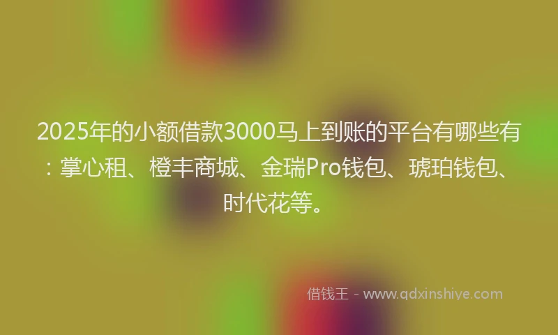 2025年的小额借款3000马上到账的平台有哪些有：掌心租、橙丰商城、金瑞Pro钱包、琥珀钱包、时代花等。