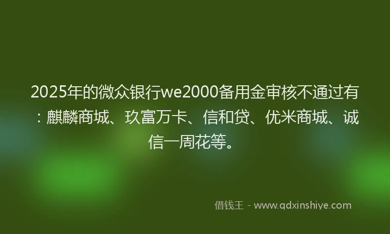2025年的微众银行we2000备用金审核不通过有：麒麟商城、玖富万卡、信和贷、优米商城、诚信一周花等。