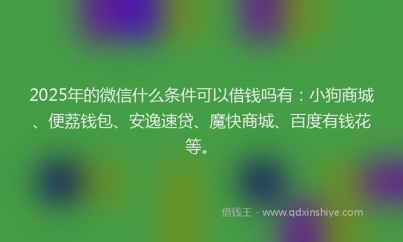 2025年的微信什么条件可以借钱吗有：小狗商城、便荔钱包、安逸速贷、魔快商城、百度有钱花等。