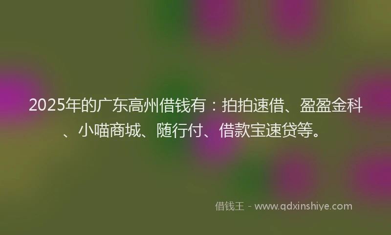 2025年的广东高州借钱有：拍拍速借、盈盈金科、小喵商城、随行付、借款宝速贷等。