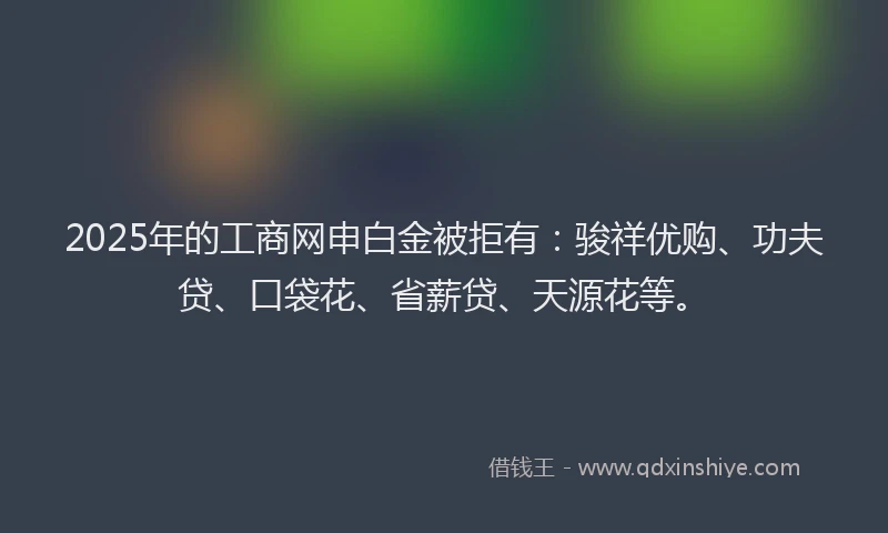 2025年的工商网申白金被拒有：骏祥优购、功夫贷、口袋花、省薪贷、天源花等。