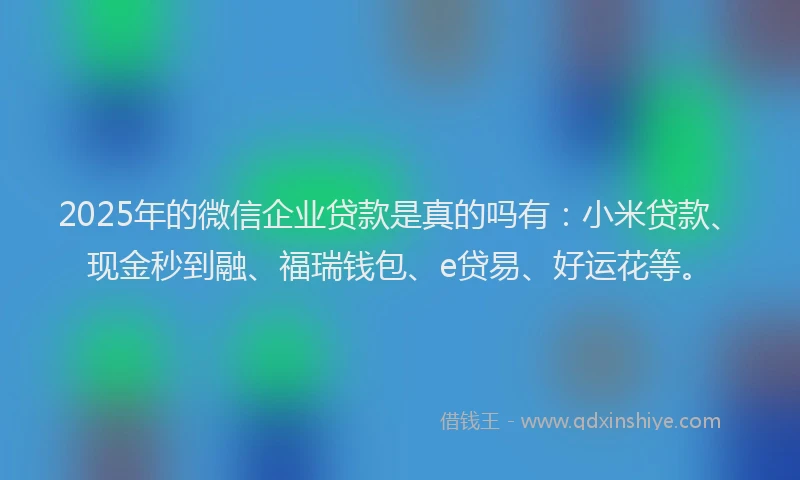 2025年的微信企业贷款是真的吗有：小米贷款、现金秒到融、福瑞钱包、e贷易、好运花等。
