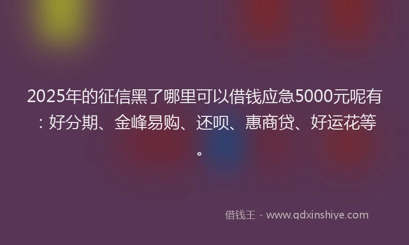 2025年的征信黑了哪里可以借钱应急5000元呢有：好分期、金峰易购、还呗、惠商贷、好运花等。
